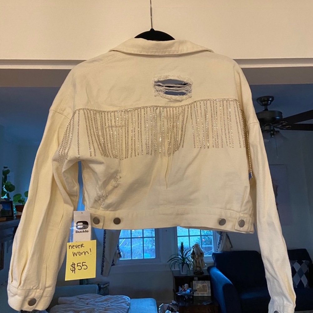 NWT Buckle white denim jacket with sparkle fringe